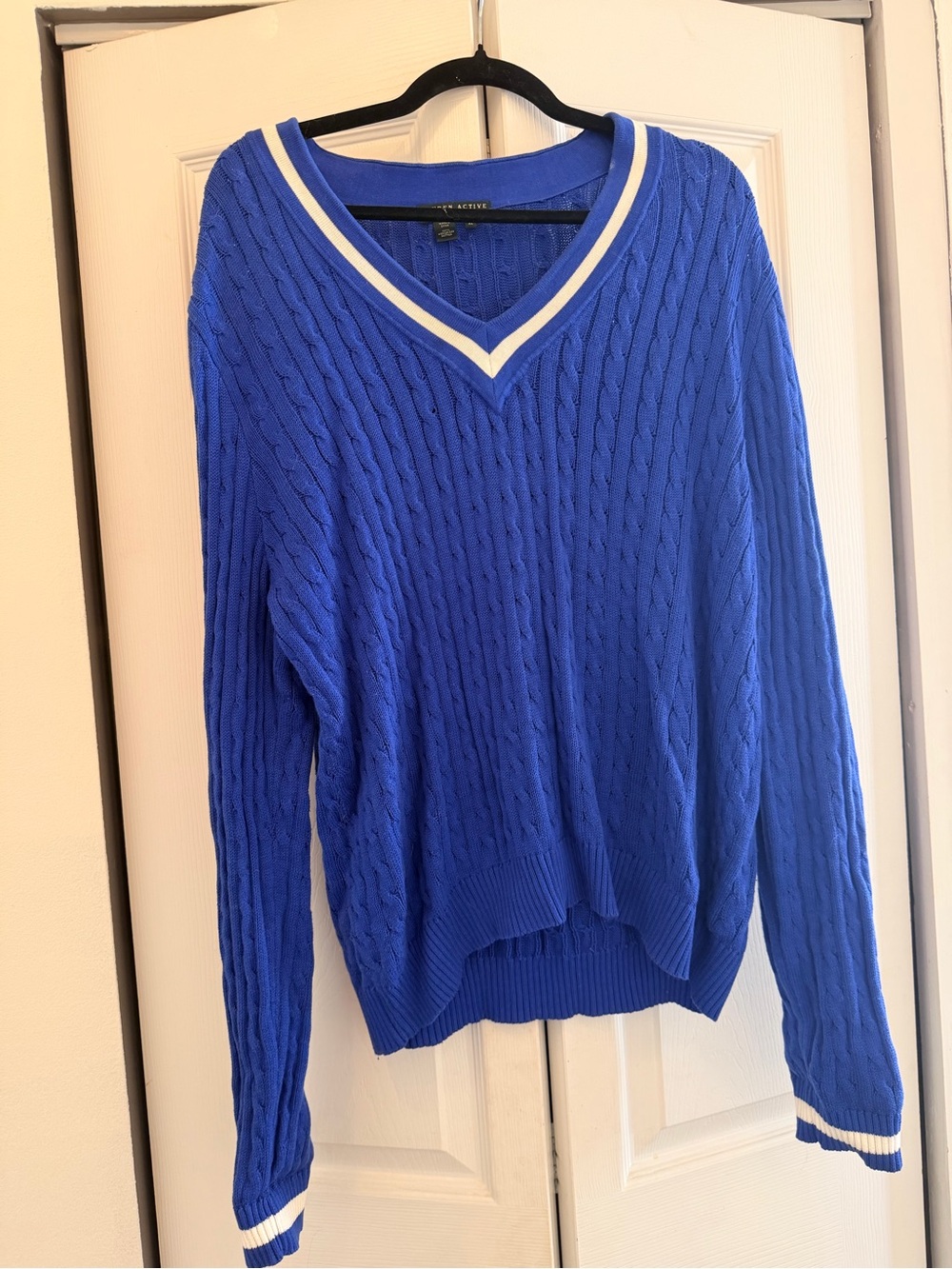 Ralph Lauren Royal Blue Cable-Knit V-Neck Sweater with White Trim